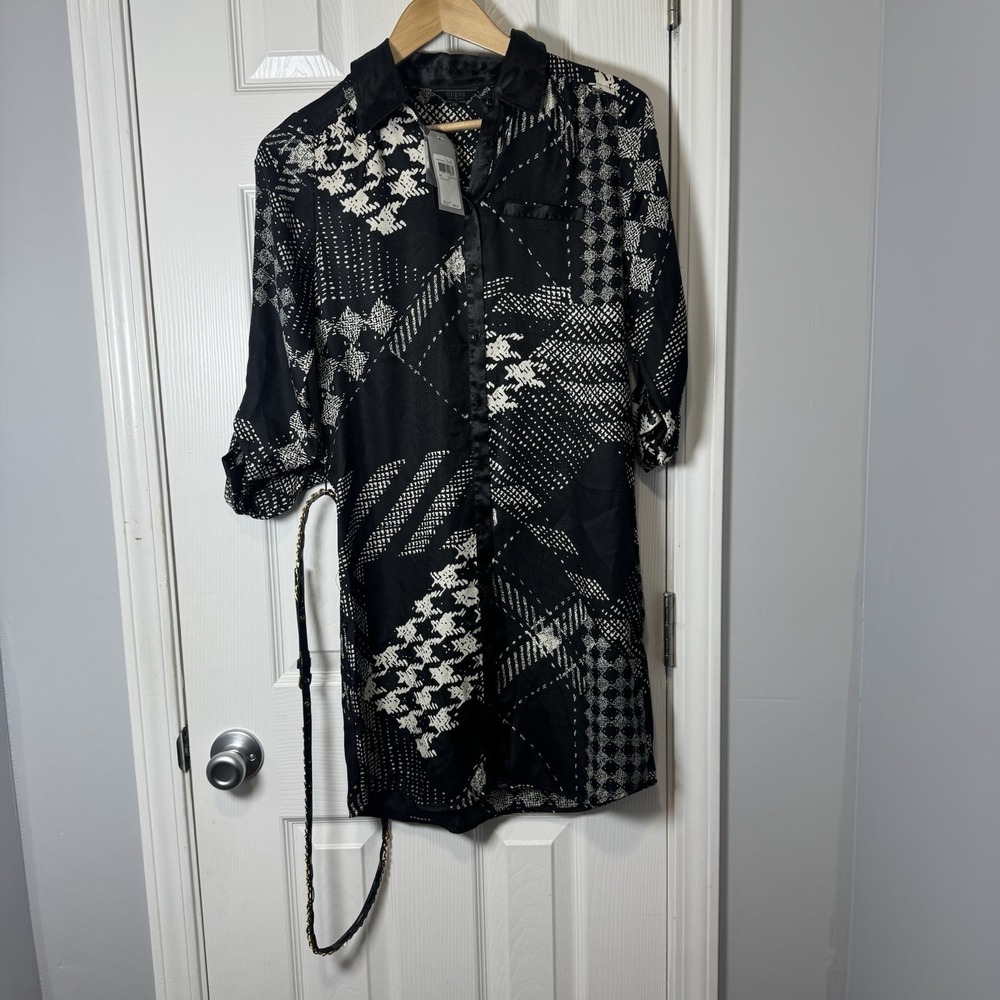 Guess Long Sleeve Shirt Dress Black Geometric Roll Tab Sleeve Button Up XS NWT